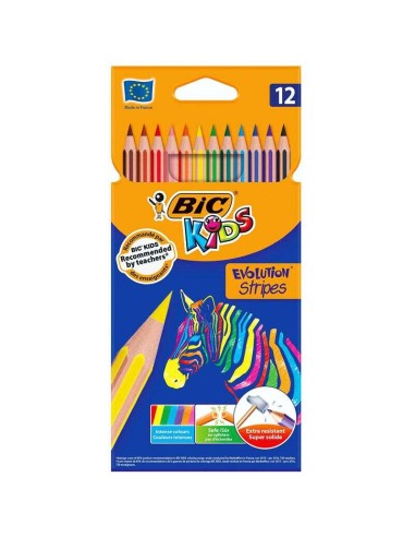 Bic Kids Evolution Stripes Caixa de 12 Lápis de Cor Sortidos - Fabricados em Resina - Ponta Ultra Resistente - Mina Pigmentada 