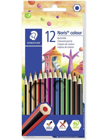 Staedtler Noris Colour 185 Pack de 12 Lápis Hexagonais de Cores - Fabricados em Wopex - Muito Resistentes - Madeira de Fontes S