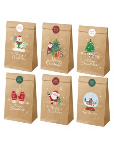 Dohe Natal Pack de 12 Sacos de Papel Kraft 22x12x8cm - 2 Sacos por Modelo - Alta Resistência