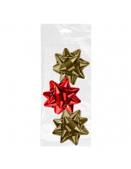 Dohe Shiny Pack de 3 Laços para Presente - Forma de Estrela - Tamanho 8cm - Cores Vermelho e Ouro