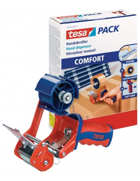 Tesa 6400 Comfort Dispensador para Rolos de até 50mm - Sistema de Lâmina Protegida - Tensão Ajustável Manualmente - Cor Vermelh