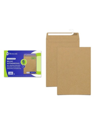Bismark Pacote de 6 Envelopes de Papel Kraft 90g - Medidas 184x261mm - Fecho Autoadesivo - Cor Marrom