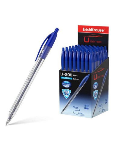 Erichkrause Caneta Automática U-208 Classic Matic - Tecnologia Ultra Glide - Corpo Transparente com Grip - Cor Azul