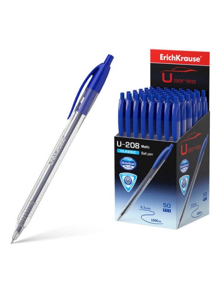 Erichkrause Caneta Automática U-208 Classic Matic - Tecnologia Ultra Glide - Corpo Transparente com Grip - Cor Azul