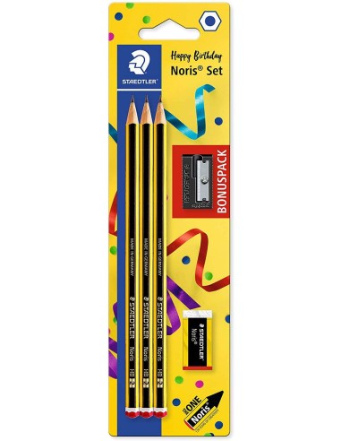 Staedtler Noris 120 Pack de 3 Lápis de Grafite Hexagonais + Borracha + Apontador - Mina HB Ultrarrresistente de 2mm - Madeira d