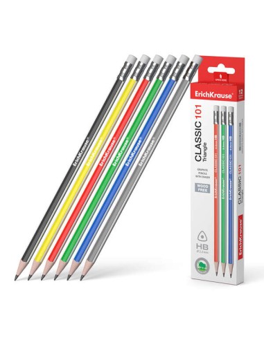 Erichkrause Classic 101 Lápis de Grafite Plástico HB Triangular com Borracha - Cores Sortidas