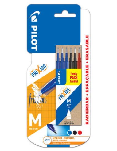 Conjunto de 6 Recargas Pilot para Frixion Ball e Frixion Clicker - Ponta de Bola Redonda 0.7mm - Traço 0.4mm - Cores: 3x Azul, 