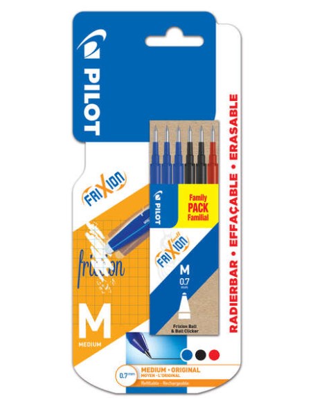 Conjunto de 6 Recargas Pilot para Frixion Ball e Frixion Clicker - Ponta de Bola Redonda 0.7mm - Traço 0.4mm - Cores: 3x Azul, 