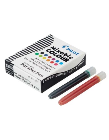 Pack de 12 Recargas para Caneta Tinteiro Parallel Pilot - Capacidade 1ml - Cores Sortidas