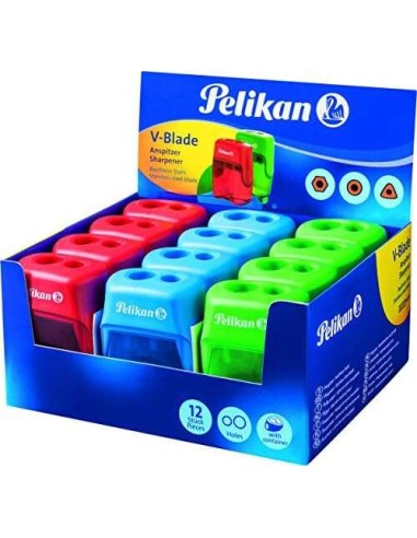 Pelikan V-Blade Apontador Duplo com Depósito - Cores Azul, Vermelho e Verde