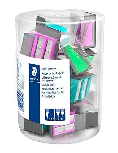 Staedtler Expositor com 18 Apontadores de Plástico - 2 Orifícios - Ângulo de Afiamento 23° e 30° - Cores Sortidas
