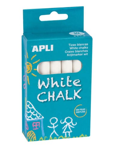 Apli Pack de 10 Gizes Brancos Redondos - Tamanho Ø 9 x 80mm - Baixo Resíduo e sem Pó - Ideal para Escrever, Desenhar e Colorir 