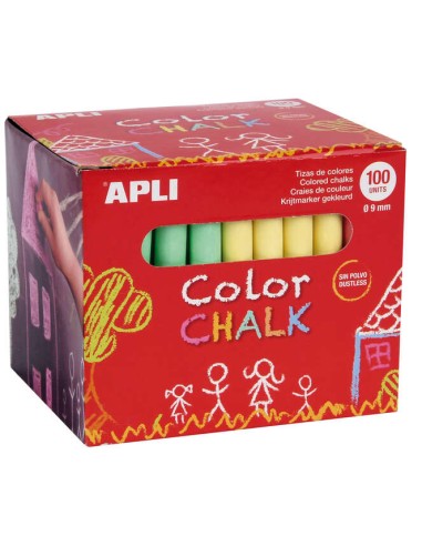 Apli Pack de 100 Gizes Redondos de Cores Sortidas Ø 9 x 80mm - Sem Pó - Ideais para Escrever, Desenhar e Colorir em Quadros e P