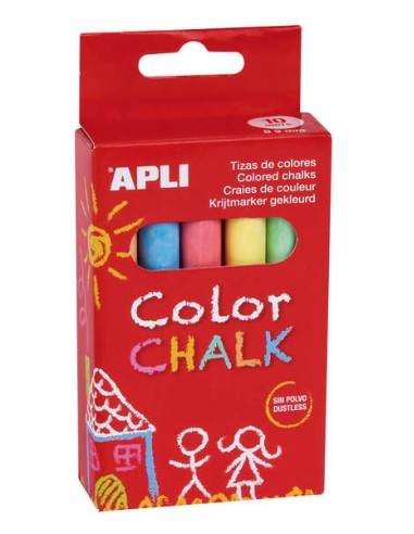 Apli Gizes Redondos de Cores Sortidas - Pack de 10 Gizes de Ø 9 x 80mm - sem Pó - Ideais para Escrever, Desenhar e Colorir em Q
