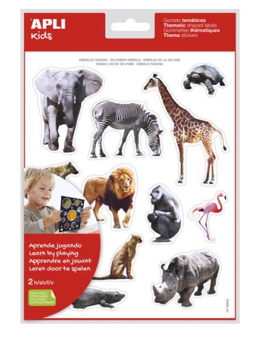 Apli Gomets Temáticos Realistas Animais Savana - 24 Gomets - Adesivo Removível - Desenvolvidos com Educadores - Ideal para Habi
