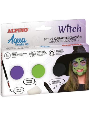 Conjunto de Maquiagem Alpino Aqua de Caracterização de Bruxa - 3 Pós Compactos + Cera Preta + Pincel + Esponja