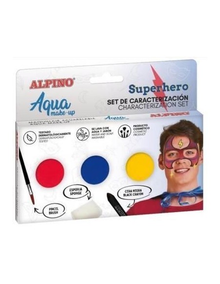 Conjunto de Maquiagem Alpino Aqua para Caracterização de Super-Heróis - 3 Pó Compacto + Cera Preta + Pincel + Esponja