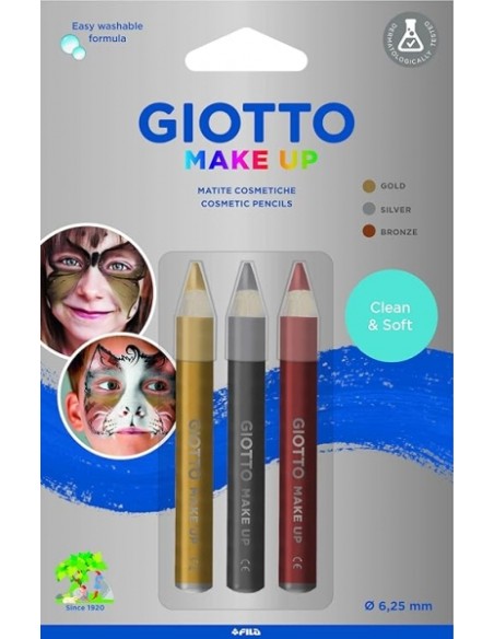 Giotto Make Up Metallic Pack com 3 Lápis Cosméticos - Sai com Água - Dermatologicamente Testado - Cores Metálicas Sortidas