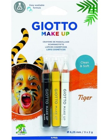 Giotto Make Up Tiger Pack com 3 Lápis Cosméticos de Temática Tigre - Sai com Água - Dermatologicamente Testado - Cores Sortidas