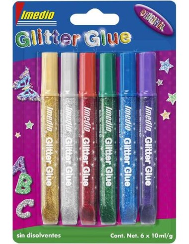 Imedio Glitter Glue "Original" Pacote de 6 Tubos de Cola com Purpurina 10ml - Para Diferentes Materiais - Tubo Extra Macio - Bi