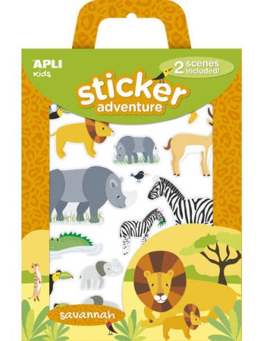 Apli Pack de 34 Autocolantes com Temática de Animais da Savana - Inclui 2 Cenários 45x20cm e 34 Autocolantes - Ideal para Criar
