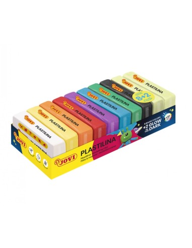 Jovi Bandeja com 10 Pastilhas de Plastilina 50g - 8 Cores Básicas + 2 Fluorescentes - Muito Moldável - Não Seca - Cores Sortida