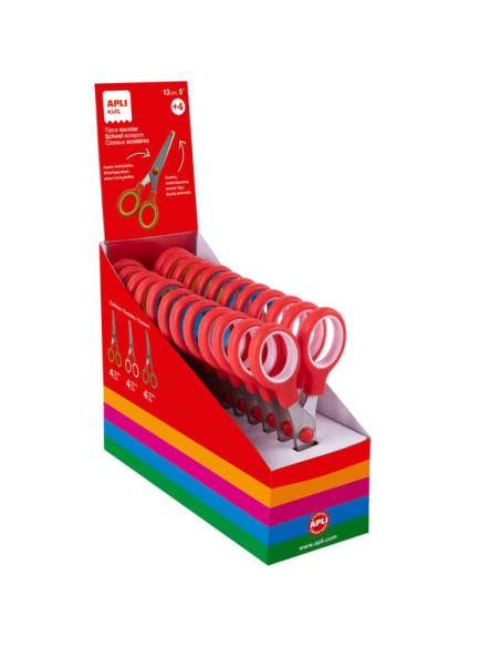 Apli Kids Expositor de 12 Tesouras Escolares 13cm - Ponta Arredondada - Aros Simétricos de Plástico - Uso Ambidestro - Cores So
