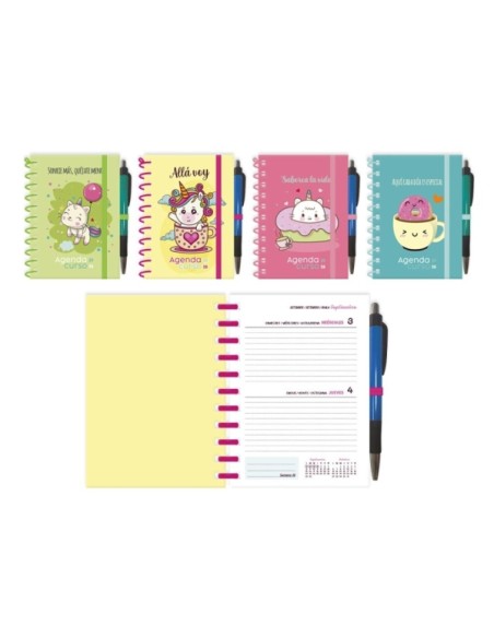 Ingraf Expositor de 12 Agendas Escolares 25/26 Espiral Dia Página com Caneta - Tamanho 8º - Capa de Cartão Forrada com Detalhes