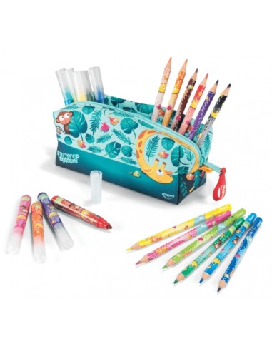 Maped Jungle Fever Bebês Estojo de Tecido com 12 Lápis de Cor Jumbo Jungle Fever (A partir de 2 anos) e 12 Marcadores de Cor Ju
