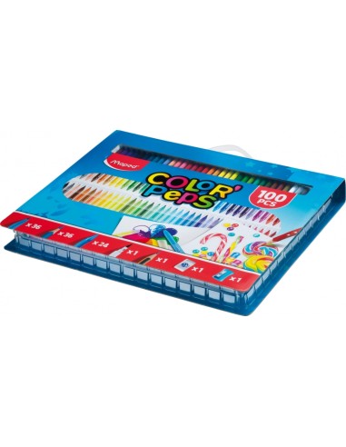Maped Color'Peps Pack de 100 Peças para Colorir - 36 Marcadores, 36 Lápis, 24 Giz de Cera, 1 Marcador Ponta de Pincel, 1 Lápis 