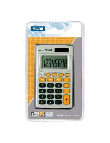 Calculadora de Bolso Milan 8 Dígitos - 3 Teclas de Memória e Raiz Quadrada - Desligamento Automático - Inclui Capa - Cor Cinza 