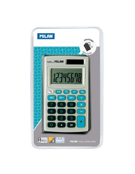 Calculadora de Bolso Milan 8 Dígitos - 3 Teclas de Memória e Raiz Quadrada - Desligamento Automático - Inclui Capa - Cor Cinza 