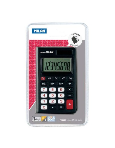 Calculadora de Bolso Milan 8 Dígitos - 3 Teclas de Memória e Raiz Quadrada - Desligamento Automático - Inclui Capa - Cor Preta