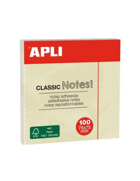Apli Classic Bloco de 100 Notas Adesivas 75 x 75 mm - Cor Amarela