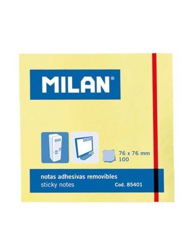 Bloco de 100 Notas Autoadesivas Milan - Removíveis - 76mm x 76mm - Cor Amarelo Claro