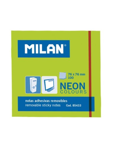 Bloco de 100 Notas Adesivas Milan - Removíveis - 76mm x 76mm - Cor Verde Néon