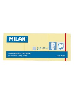 Milan Pacote de 3 Blocos de 100 Notas Adesivas Removíveis - Tamanho 38x50mm - Cor Amarelo Claro