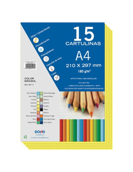Dohe Pack de 15 Cartolinas A4 de 180g - Com PH Neutro - Livres de Cloro Elementar - Cor Girassol