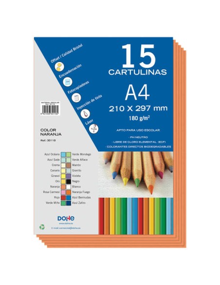 Dohe Pacote de 15 Cartolinas A4 de 180g - Com PH Neutro - Livres de Cloro Elementar - Cor Laranja