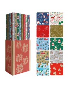 Dohe Natal Expositor de 50 Rolos de Papel de Presente - 10 Desenhos Diferentes - 5 Rolos por Desenho - Medidas do Rolo 0.70x2m