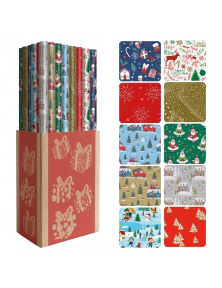 Dohe Natal Expositor de 50 Rolos de Papel de Presente - 10 Desenhos Diferentes - 5 Rolos por Desenho - Medidas do Rolo 0.70x2m