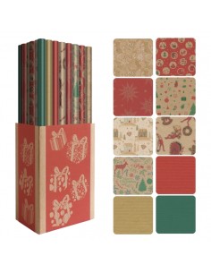 Dohe Natal Kraft Expositor de 50 Rolos de Papel de Presente - 10 Designs Diferentes - 5 Rolos por Design - Medidas do Rolo 0.70