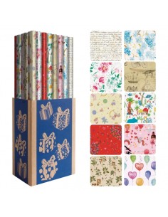 Dohe Everyday Expositor de 50 Rolos de Papel de Presente - 10 Designs Diferentes - 5 Rolos por Design - Medidas do Rolo 0.70x2m