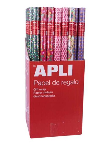 Apli Expositor de 55 Rolos de Papel de Presente Tendência - 11 Rolos por Cor - Medidas do Rolo 0.70x2m - 5 Desenhos