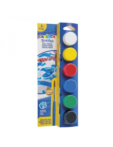 Carioca Pack de 6 Têmperas em Frascos de 25ml + Pincel - Superlaváveis - Misturáveis - Cores Sortidas