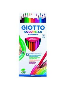 Giotto Colors Aquarell 3.0 Pack com 12 Lápis Triangulares de Cores Aquareláveis - Mina 3 mm - Madeira - Cores Sortidas