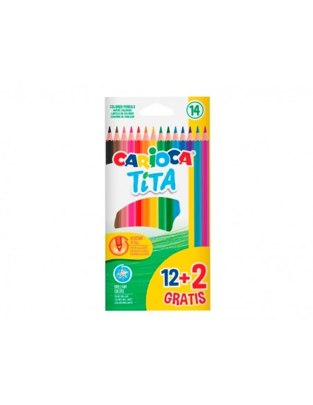 Carioca Tita Pack de 12 + 2 Lápis de Cores - Minas Resistentes - Cores Sortidas