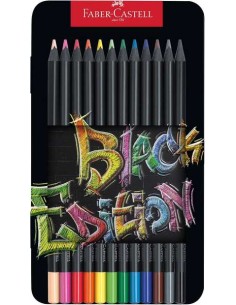 Faber-Castell Black Edition Caixa Metálica de 12 Lápis de Cor - Mina Supermacia - Madeira Preta - Ideais para Desenho em Papel