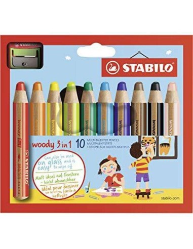 Stabilo Woody 3 em 1 Pack de 10 Lápis de Cor + Apontador - Lápis de Cor, Cera e Aquarela, Tudo em Um - Mina XXL 10mm - Cores So