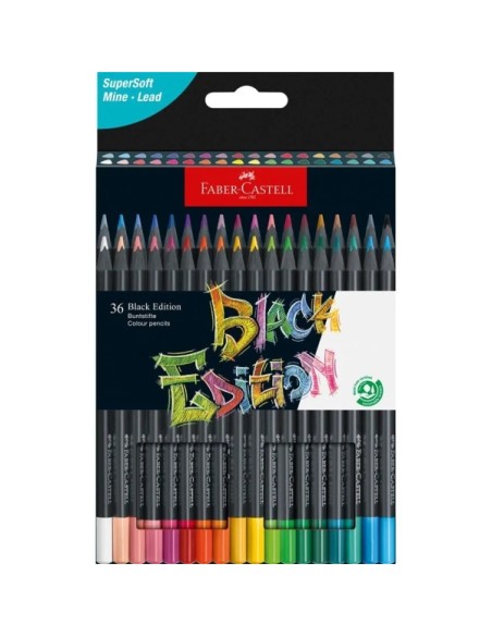 Faber-Castell Black Edition Pack com 36 Lápis de Cor - Mina Supermacia - Madeira Preta - Ideais para Desenho em Papel Claro, Es
